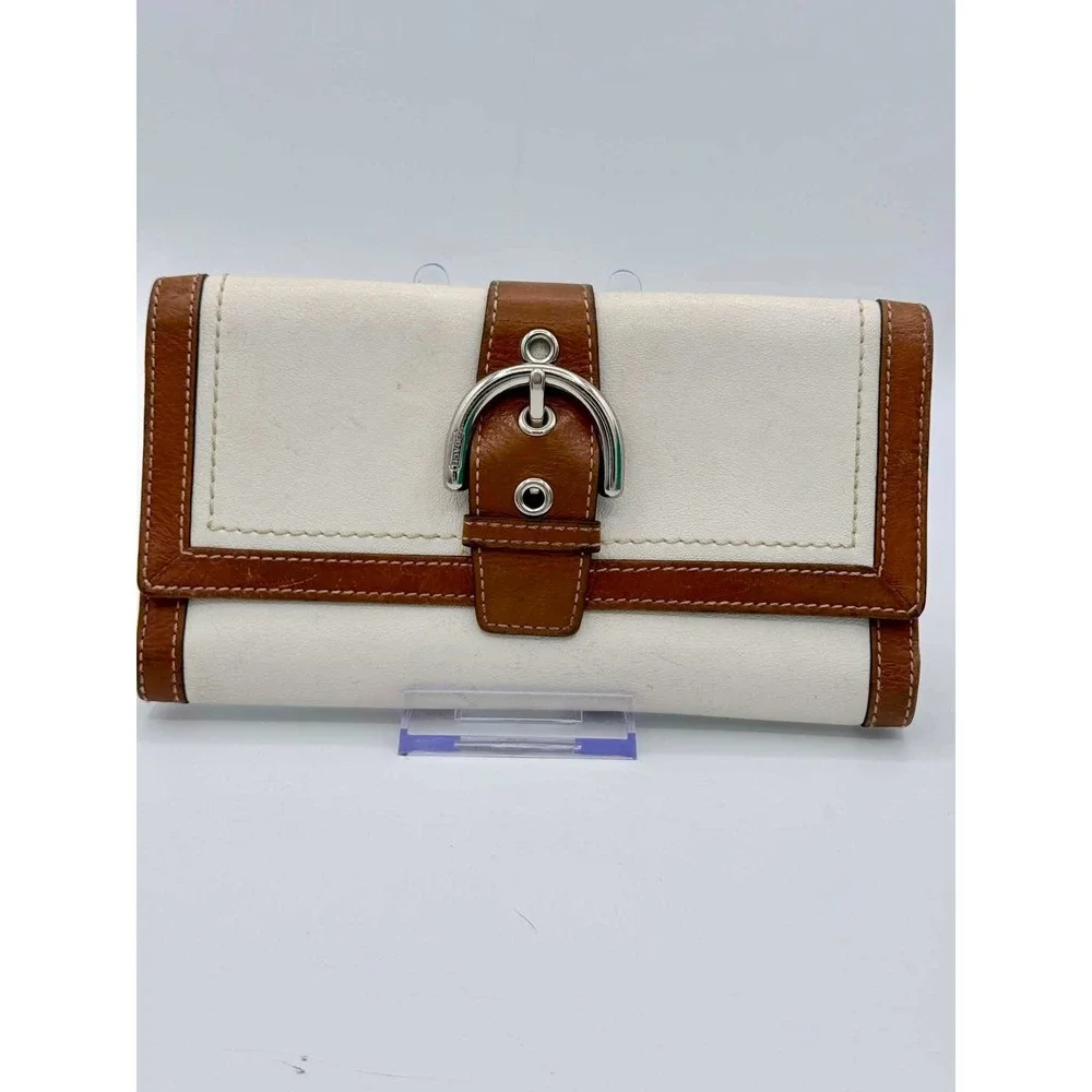 Coach Soho Leather Slim Envelope Wallet Ivory Brown Buckle Detail Vintage